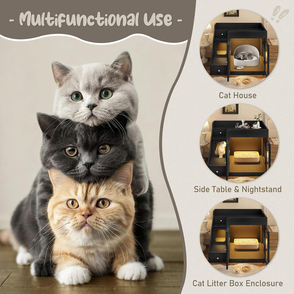 Cat Litter Box Enclosure with Light, Hidden Litter Box Furniture with 2 Storage Drawers & Smart Doors, Cat House Side Table for Living Room Entryway (Black)3