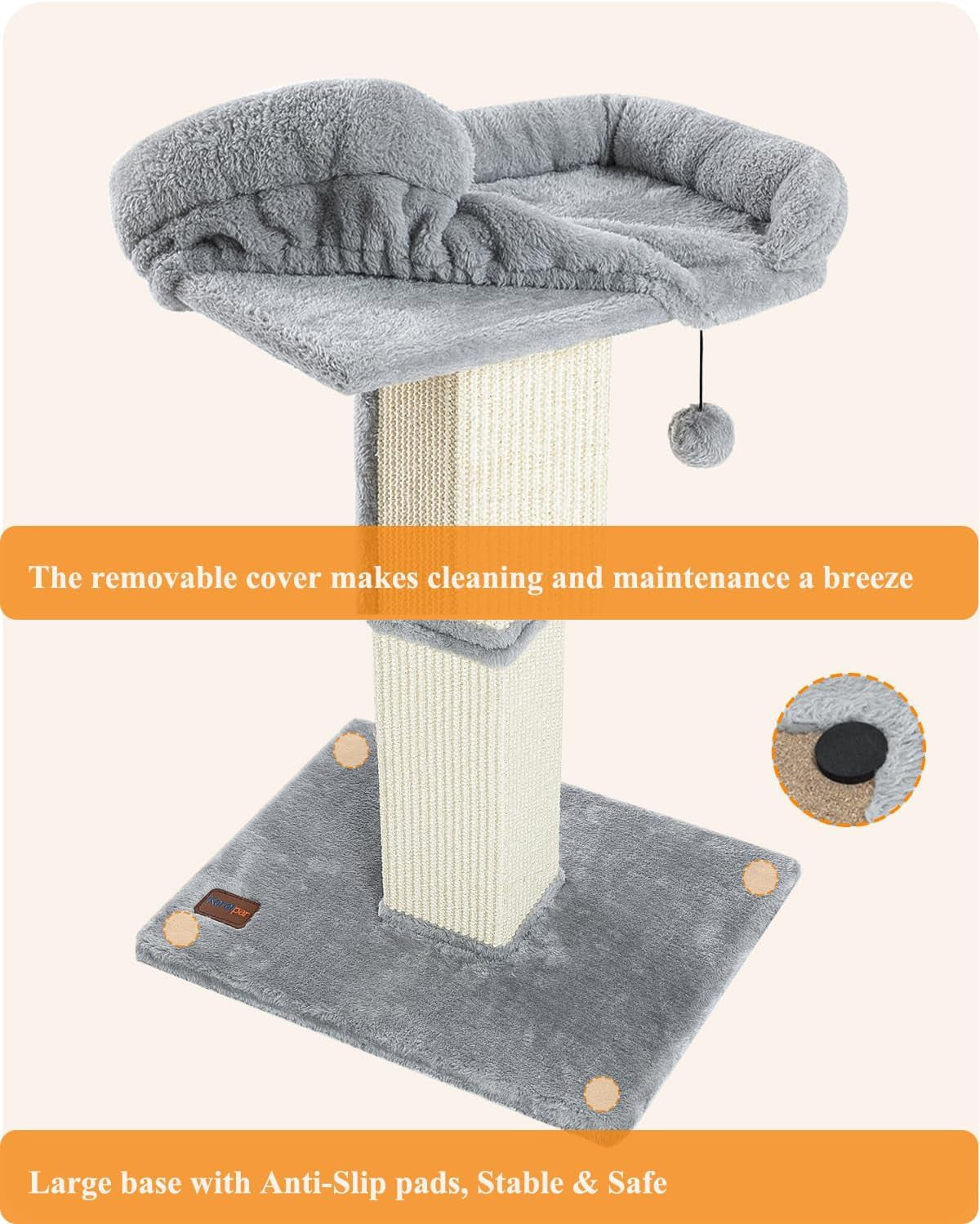 karolpar-32-cat-scratching-post-for-indoor-cats-sisal-cat-scratcher-with-plush-perch-large-scratch-post-with-bed-removable-cover-sisal-fabric-light-grey-natural-sisal-cat-scratcher-tower-large-scratch-post-with-bed-cat-tree-with-removable-cover