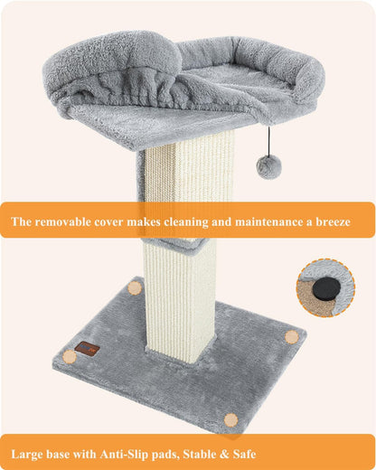 Karolpar 32" Cat Scratching Post for Indoor Cats, Sisal Cat Scratcher with Plush Perch, Large Scratch Post with Bed, Removable Cover, Sisal Fabric,Light Grey | Natural Sisal Cat Scratcher Tower, Large Scratch Post with Bed, Cat Tree with Removable Cover5