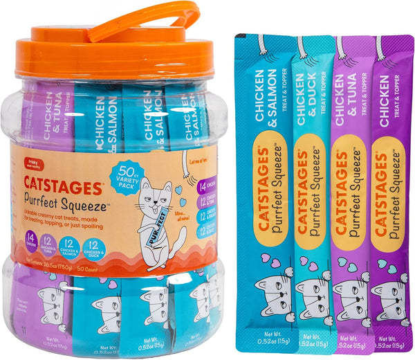 Catstages Purrfect Squeeze Lickable Wet Cat Treats, Creamy Purée Treat & Topper, Made with Real Chicken, Clean Ingredients, No Artificial Preservatives, 0.5 Oz Tubes, 50-Count, 4-Flavor Variety Pack1
