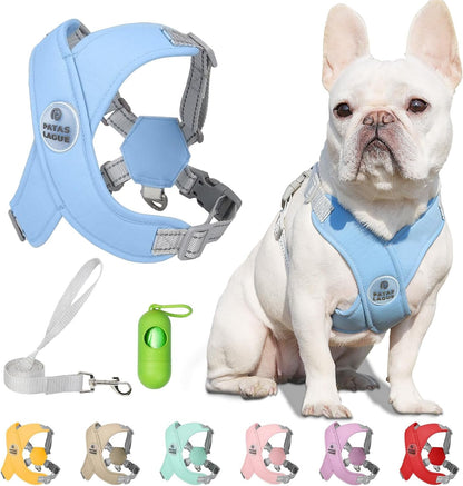 Patas Lague Dog Harness with Leash Set Adjustable Soft Padded Step-In Dog Vest No Choke No Pull Reflective for Small Medium Pets with Poop Bags and Dispenser, Solid and No-Chew, Pink M18