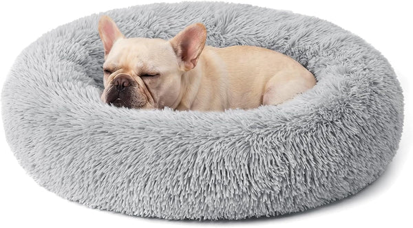 Calming Donut Dog and Cat Bed for Indoor Cats, Anti-Anxiety round Fluffy Soft Washable Small Pet Bed for Puppy and Kitten, Warming Comfortable Luxury Anti-Slip Waterproof Mute Base 20In Gray25