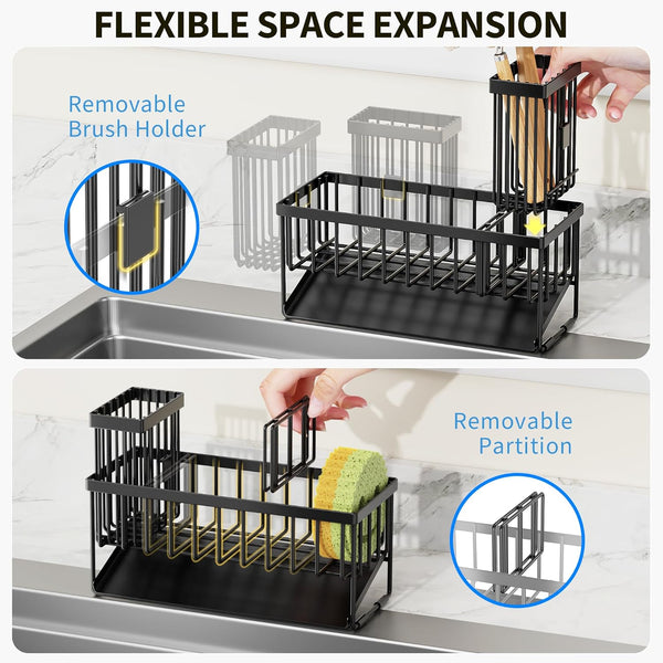 Sink Caddy Sponge Holder for Kitchen with Brush Holder and Stainless Steel Self Drain Tray, Rustproof Kitchen Sink Organizer for Sponge, Soap Dispenser Storage Accessories3