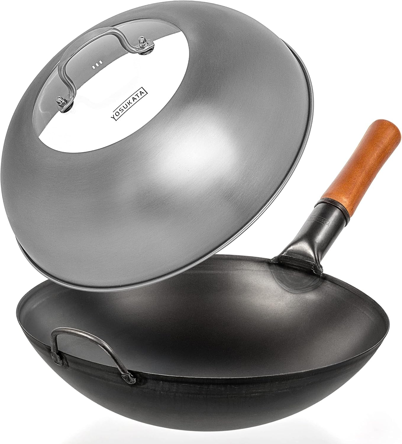 black-carbon-steel-wok-pan-14-round-bottom-wok-lid-13-6-inch-premium-stainless-wok-cover-with-tempered-glass-insert-steam-holes-and-ergonomic-handle