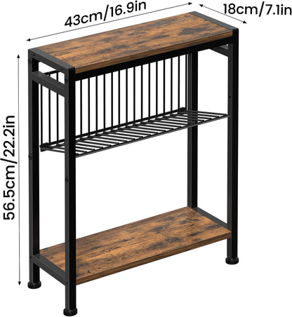 Small Side Table for Small Space, 3-Tier Narrow End Table with Magazine Holder,Slim Nightstand, Skinny Snack Couch Table in Living Room, Bedroom Study and Balcony (Rustic Brown &Black)3