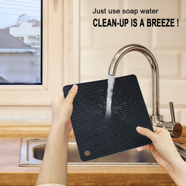 Silicone Trivet Mats - 4 Heat Resistant Pot Holders, Multipurpose Non-Slip Hot Pads for Kitchen Potholders, Hot Dishers, Jar Opener, Spoon Holder, Food Grade Silicone & BPA Free (Black)7