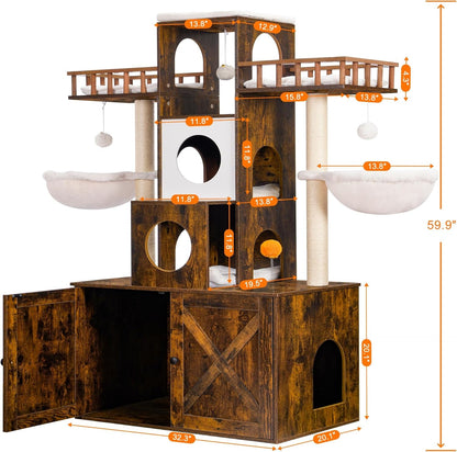 Heybly Cat Tree with Litter Box Enclosure for Indoor Big Cat, Cat Tower for Large Cats 20 Lbs Heavy Duty, Modern Cat Condo Furniture with Scratching Posts, Rustic Brown HCT110SR3