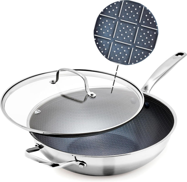Hybrid Nonstick Stainless Steel 12” Wok with Lid, Pfas-Free Ceramic Diamond Bond Stir-Fry Pan, Induction Ready, Dishwasher & Oven Safe, Metal Utensil Safe, Stay-Cool Handle, Silver1