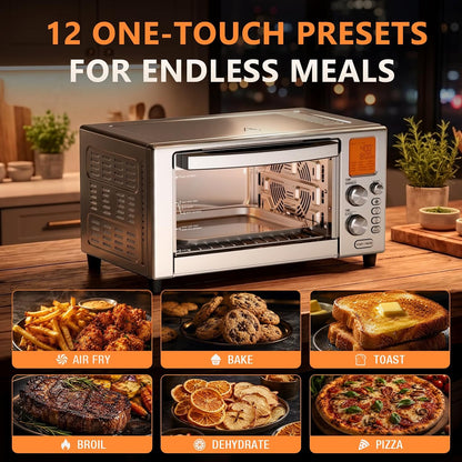 12-In-1 Air Fryer Toaster Oven Combo, 22L Countertop Oven | Stainless Steel 1500W Convection Oven with Rotisserie, Dehydrator and Slow Cook, 6 Rack Positions and 5 Accessories Included4