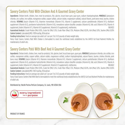 Fancy Feast Purina Savory Centers Wet Cat Food Pate Variety Pack with Chicken, Salmon, Beef, and Tuna Pate with Gravy Center - (Pack of 24) 3 Oz. Cans5