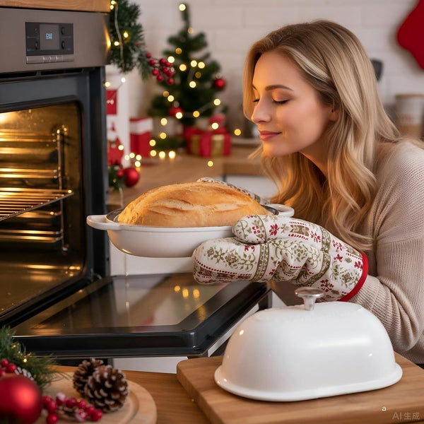 Cast Iron Bread Oven,6 QT Bread Oven,Thick Enameled Loaf Pan with Lid,Bread Pans for Homemade Bread,14.5"Dutch Oven for Bread Baking,Dutch Oven-With Silicone Baking Mat&Recipe,Gifts for Family,White3