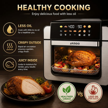 16 Qt Air Fryer Toaster Oven Combo with Pfas-Free Ceramic Coating | Viewing Window, 9 Presets, Top 1700W Bottom 1500W, Max 400°F, Nonstick Tray, Detachable Door, Black, Easy to Clean3