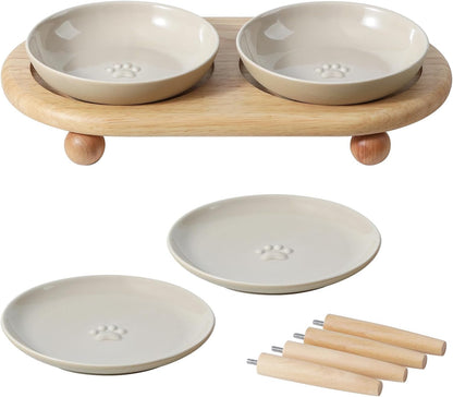 Havniva Elevated Cat Bowls, Cat Food and Water Bowl Set, Ceramic Cat Bowl | Raised Cat Food Bowls, Whisker Friendly, 5.6” Shallow Cat Dishes + 6” Wide Cat Plates, Non-Slip Wood Stand, Two Heights1