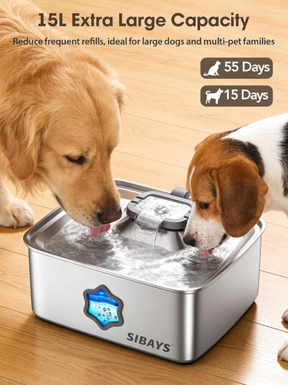 SIBAYS 4Gal/15L Dog Water Fountain, Stainless Steel Pet Water Fountain with Water Level Window & LED Light, Quiet Automatic Dog Water Bowl Dispenser for Large Dogs & Multi-Pet, Easy to Clean FS812
