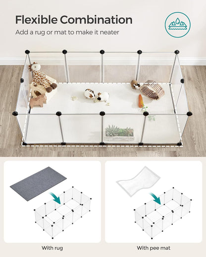 SONGMICS 20 Panels Pet Playpen with Floor, Small Animal Playpen, Pet Fence Indoor, DIY Plastic Enclosure for Guinea Pigs, Bunny, Hamsters, Hedgehogs, 49.2 X 24.8 X 16.5 Inches, White ULPC001W015