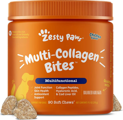 Zesty Paws Multi Collagen Soft Chews for Dogs - for Hip, Joint & Cartilage Support + Skin Health - with Collagen - plus Eggshell Membrane, Vitamin C & Hyaluronic Acid - 90 Count1