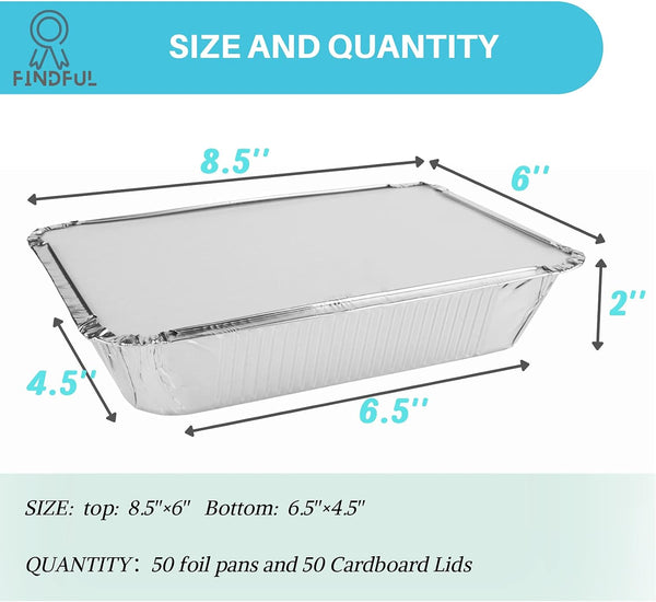 Aluminum Pans with Lids (50-Pack, 8.5"×6") 2.25 LB Capacity Foil Food Containers with Lids - 50 Pans and 50 Cardboard Covers - Disposable Tin Foil Pans - for Baking, Meal Prep and Freezer, Takeout2