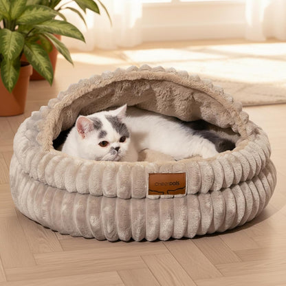 CHEERPALS Cat Cave Bed for Indoor Cats, Washable Covered Cat Bed Hooded Kitty Bed Soft Fluffy Pet Bed for Puppy and Small Dog(White)10