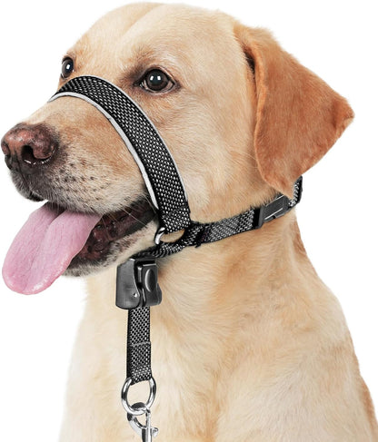 BARKLESS Dog Head Collar, Soft No Pull Head Halter with Safety Link | Reflective Muzzle Leash, Adjustable Headcollar, Padded Nose Leash for Large Medium Dogs Training Walking (Black, M)1