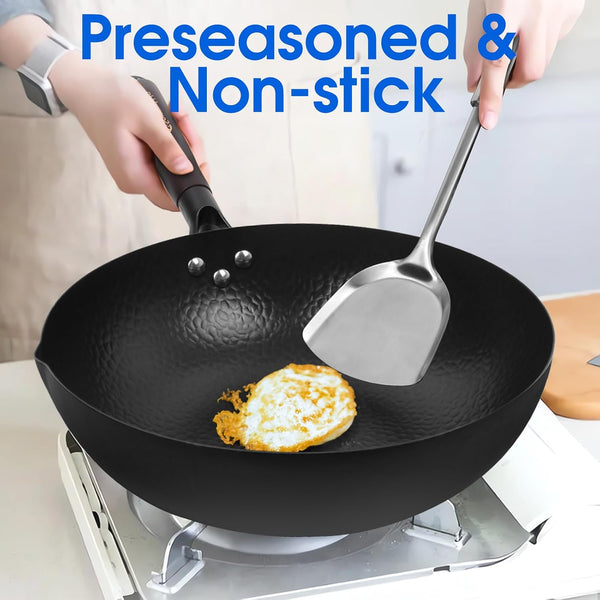 13.4 Inch Carbon Steel Wok for Electric, Induction and Gas Stoves (Lid, Spatula and User Guide Video Included)5