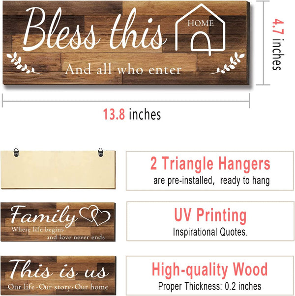 4 Pieces Home Wall Signs, THIS IS US/TOGETHER/BLESS THIS HOME/FAMILY Wall Decor for Living Room Bedroom, Rustic Wooden Farmhouse Wall Art , 4.7 X 13.8 Inch(Brown)5