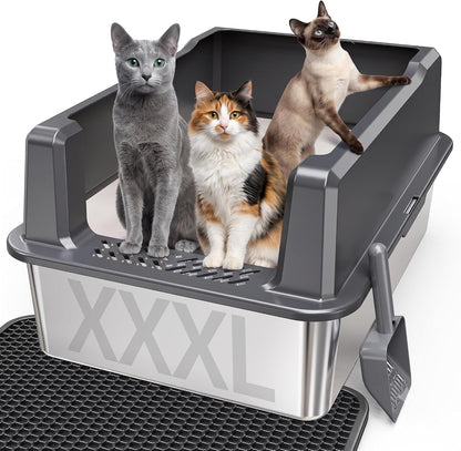 XXL Stainless Steel Cat Litter Box with Lid, 26X18X12 Inches | 12-Inch High Sides, for Big and Multiple Cats, Anti-Urine Leakage, Durable Metal1