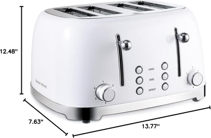 4 Slice Toaster Retro Stainless Steel with Bagel Defrost Cancel Function, 6 Browning Settings, Extre Wide Slot and Removable Crumb Tray, White, ST0338