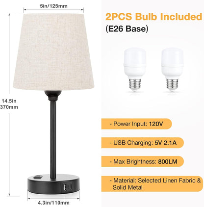 Bedside Table Lamps Set 2 for Bedroom - Dimmable Touch, USB C+A, AC Outlet | 14.5" Mini Lamp, 3-Way Dimmable, LED Bulbs Included, Trapezoid Barrel Fabric Lampshade, Nightstand Light for Guest Room, Kids6