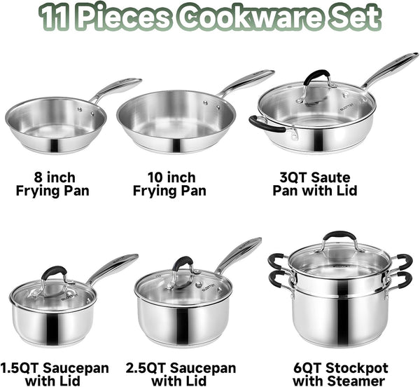 Stainless Steel Kitchen Cookware Set,11 Piece Pots and Pans Set with Steamer,Heat-Resistant Handle,Non-Toxic,Induction,Oven,Dishwasher Safe2