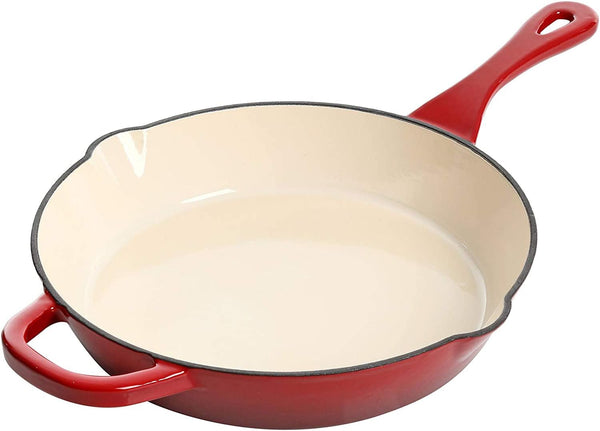 Crock-Pot 10 Inch Enameled Cast Iron Skillet with Handles - Ideal for Searing, Roasting, Frying - Even Heat Distribution, Pour Spouts - Oven-Safe & Stovetop Safe (Red)1