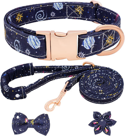 Dog Collar and Leash Set Girls Adjustable Puppy Collars with Floral Bow Tie for Small Medium Large Female Dogs, Orange Flower, S9