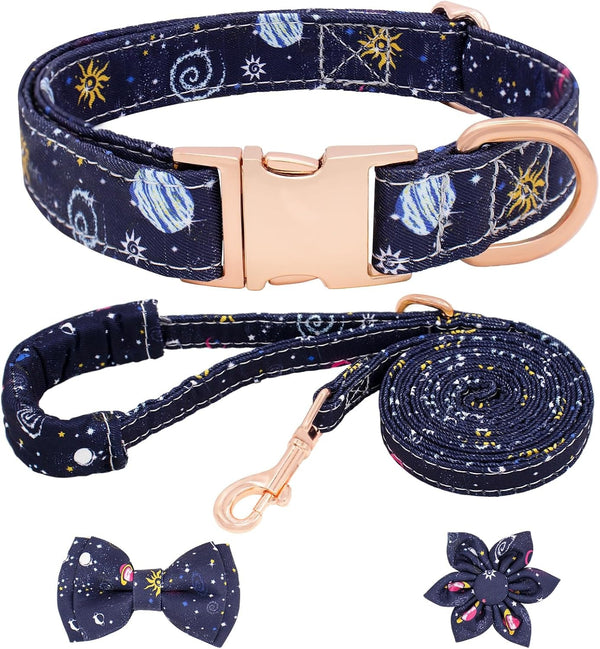 Dog Collar and Leash Set Girls Adjustable Puppy Collars with Floral Bow Tie for Small Medium Large Female Dogs, Orange Flower, S9