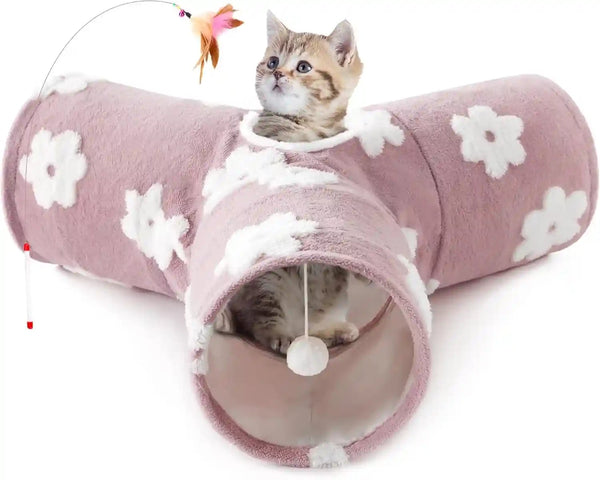 Tempcore Pet Cat Tunnel Tube Toys 3 Way Collapsible, Tunnels for Indoor Cats, Interactive Tube with Teaser Wand, Peek Holes & Hanging Ball, Black & Blue36