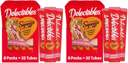 Delectables Squeeze up Creamy Squeezable Puree, Lickable Wet Cat Treats, Grain Free, No Added Fillers, No By-Products, No Added Preservatives, 0.5 Ounces Tuna & Salmon, 32 Tubes Total10