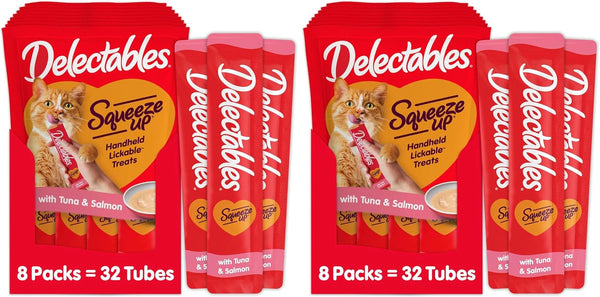 Delectables Squeeze up Creamy Squeezable Puree, Lickable Wet Cat Treats, Grain Free, No Added Fillers, No By-Products, No Added Preservatives, 0.5 Ounces Tuna & Salmon, 32 Tubes Total10