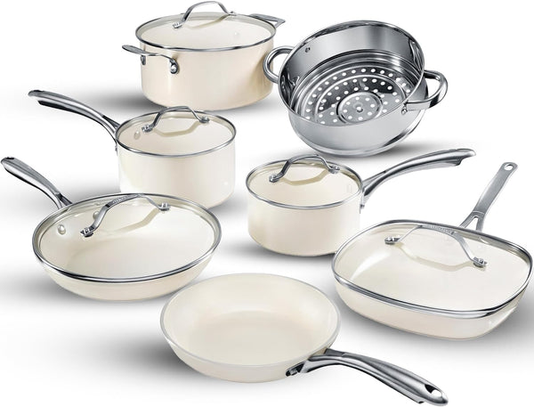 12 Pc Ceramic Cookware Set Nonstick, Ceramic Pots and Pans Set Non Stick with Steamer for Cooking, Non Toxic PFOA PFOS Free, Premium Stay Cool Handles, Oven & Dishwasher Safe1