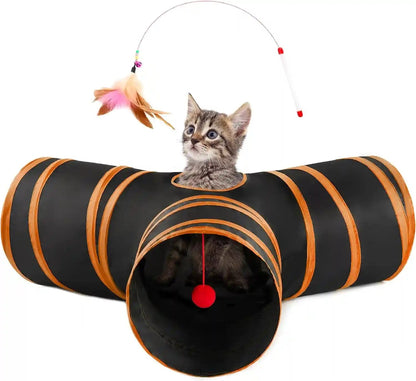Love’S Cabin Cat Tunnel for Indoor Cats, 3-Way Collapsible Play Tunnel with Teaser Wand, Peek Holes & Toy Ball, Small Pet Toy for Kittens & Rabbits, Black & Blue, Small Size10