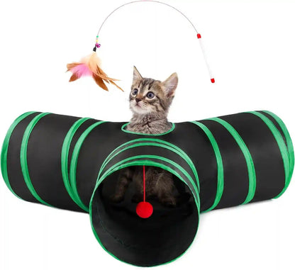 Love’S Cabin Cat Tunnel for Indoor Cats, 3-Way Collapsible Play Tunnel with Teaser Wand, Peek Holes & Toy Ball, Small Pet Toy for Kittens & Rabbits, Black & Blue, Small Size16