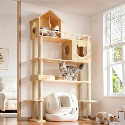 Wood Cat Tree for Automatic Litter Box, 5 Tier Cat Tower, 74 Inch | Tall Cats Tree for Indoor Cats Large Adult, Solid Wood Cat Furniture for Self Cleaning Litter Box, W/Scratching Post, House1