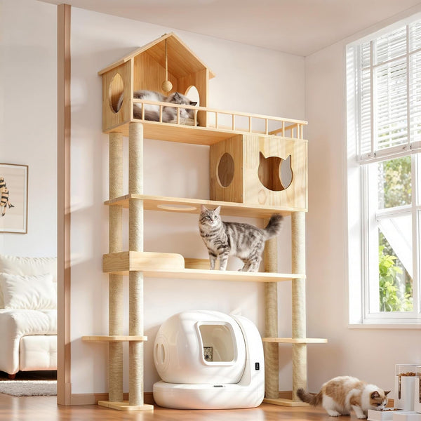 Wood Cat Tree for Automatic Litter Box, 5 Tier Cat Tower, 74 Inch | Tall Cats Tree for Indoor Cats Large Adult, Solid Wood Cat Furniture for Self Cleaning Litter Box, W/Scratching Post, House1