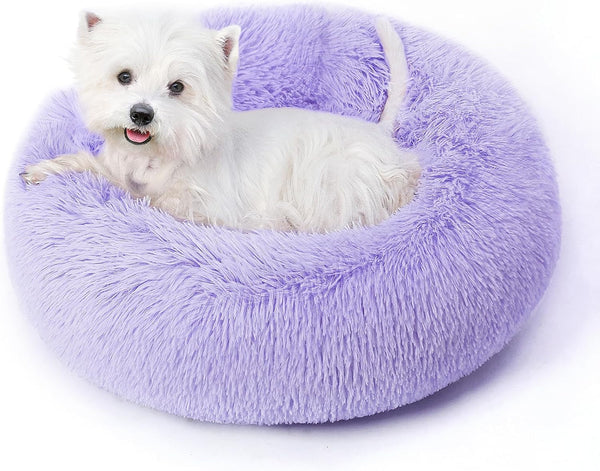 Calming round Dog Bed & Cat Bed for Indoor Cats, Medium Size Washable Anti-Slip Anti-Anxiety Donut Dog Beds for Small Dogs & Cats, Fluffy Plush Soft Dog Bed(20 Inch, Light Grey)10