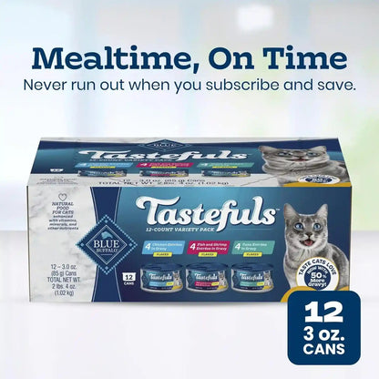 Blue Buffalo Tastefuls Flaked Adult Wet Cat Food Variety Pack (Tuna, Chicken, Fish & Shrimp), Natural Ingredients Enhanced with Vitamins, Minerals & Other Nutrients, 3-Oz. Each (12 Cans)10