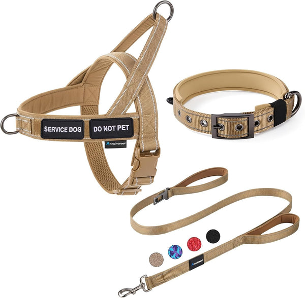 Annchwool No Pull Dog Harness,Heavy Duty Reflective Collar & Leash Set-Leash with Double Handle & Car Seatbelt Clip-Easy Control for Walking Training Medium Large Size Dogs(Brown,L)1
