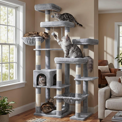 Hey-Brother Cat Tree Tower, Wide Base, 5 Platforms for Multi-Cats, MPJ074MJ | 72.8 Inches Tall Furniture, 5 Plush Beds, Large Condo, Big Hammocks, Sisal Scratching Posts, for Indoor Adult Cat Beige Brown10