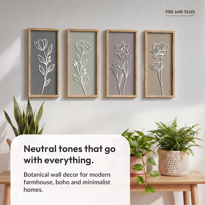 3D Framed Wall Art, Set of 4, Floral Boho Wall Decor | 7" X 16", Lightweight, Wooden, Ready-To-Hang Wall Decor for Living Room, Bathroom, Bedroom or Office, Botanical Farmhouse8