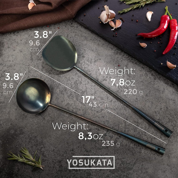 17" Blue Carbon Steel Wok Spatula and Ladle, 3 Pairs Chopsticks | Durable Wok Utensils Set of 5 - Traditional Asian Cooking Tools and Accessories2