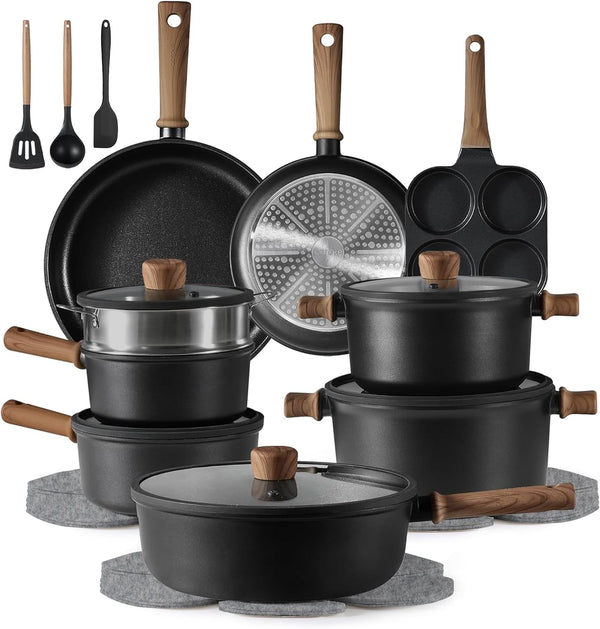 24Pcs Nonstick Cookware Sets, Pots and Pans Set | Titanium Infused, Ultra Durable, Fast & Even Heating, Easy Clean, All-Stovetop Compatible, with 6.5-Qt Stockpot & Egg Pan1