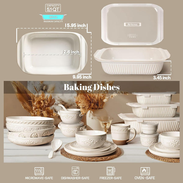 Baking Dish 5.1 Quarts, Casserole Dishes for Oven, Baking Pan with Handles, Lasagna Pan Deep, Large Casserole Dish, Rectangular Ceramic Bakeware (White, with Lid)2