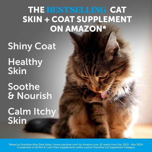 Cat Skin & Coat Supplement Crunchy Creamy Chews - Salmon Oil for Cats Omega 3 Itchy Dry Skin Relief - Feline Shedding Control - Biotin Vitamins for Indoor Cats Shiny Soft Coat (30-Day Supply)2