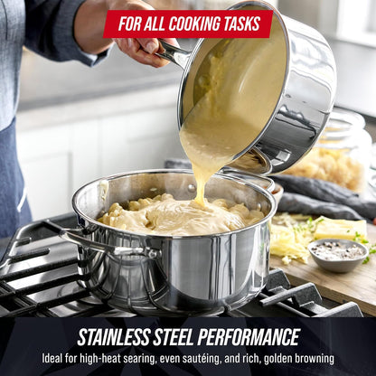 Pro Steel 10 Piece Tri-Ply Stainless Steel Cookware Set | Multi Clad Pots & Pans, Induction & All Stovetop Suitable, Mirror Polished Finish, Dishwasher Safe, Oven Safe to 850F, Silver8